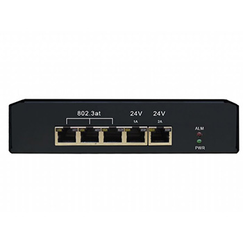 Switch Gigabit PoE de 5 portas, entrada de 24 VCC, combo 3x 802.3at + 2x saída PoE de 24 VCC, temperatura de operação -40C~+70C,, PSE-SW5G2280HM