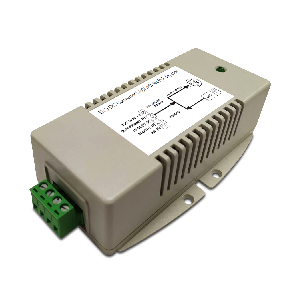 DC/DC, Injektor Gigabit PoE 802,3at dengan Input 100~125VDC dan Output 56V/0,625A, -40C~+40C